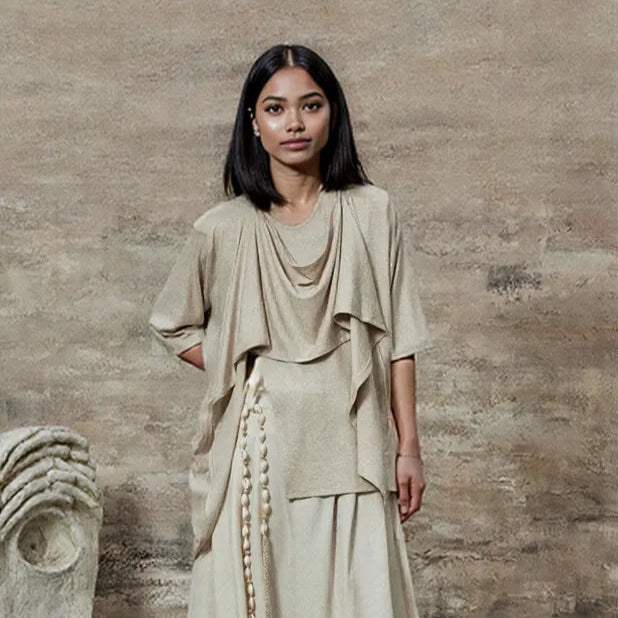 Draped Layered Split-Front Top – Relaxed Fit in Gray, Beige & Brown-SimpleModerne