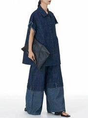 Color Block Wide-Leg Denim Trousers – Relaxed, Two-Tone Edge-SimpleModerne