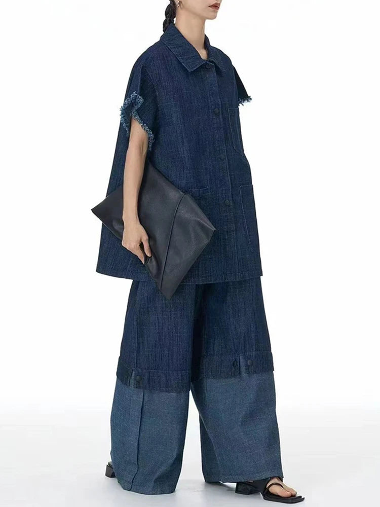 Color Block Wide-Leg Denim Trousers – Relaxed, Two-Tone Edge-SimpleModerne