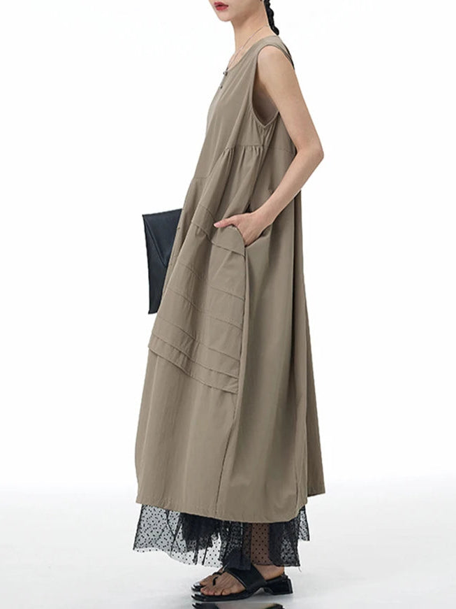 Layered Asymmetrical Sleeveless Maxi Dress – Khaki Cotton Blend | Casual Summer Style-SimpleModerne