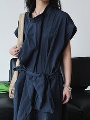 Asymmetrical Button-Up Maxi Dress with Detachable Belt Bag – Minimalist Black Layered Look-SimpleModerne