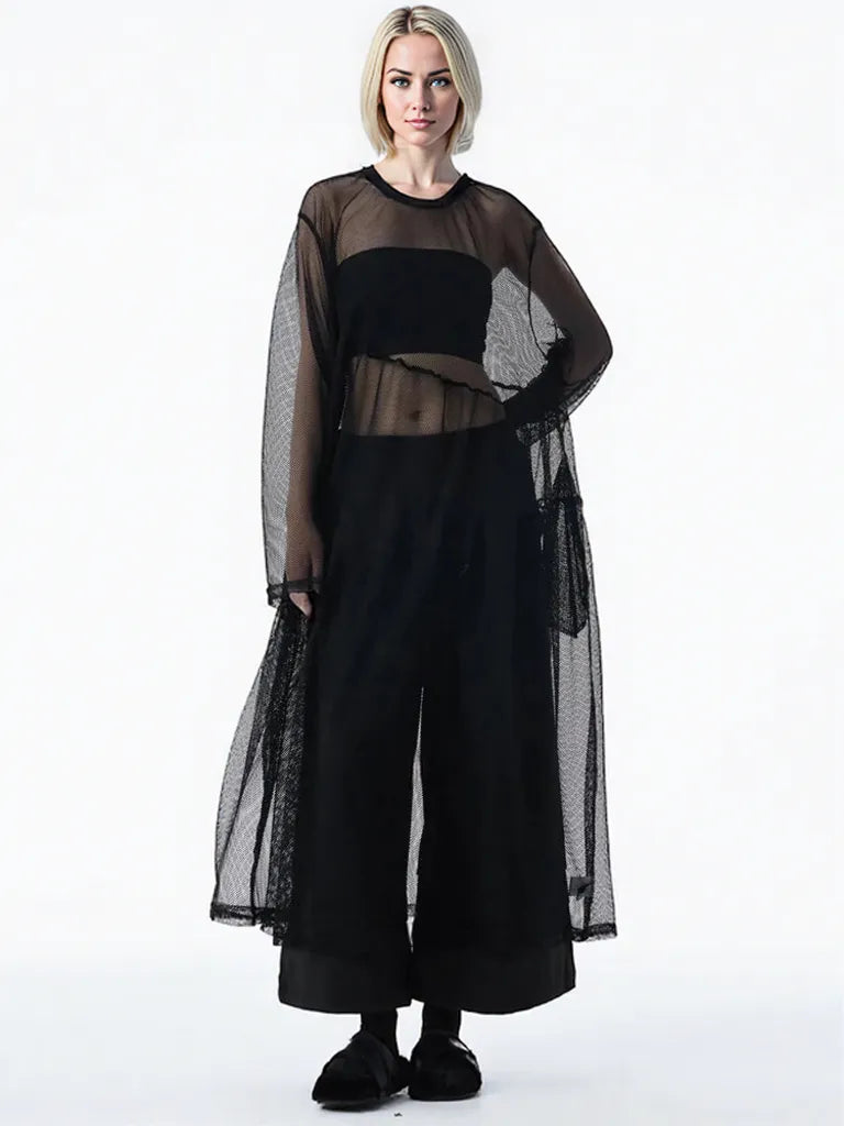 Sheer Drama Mesh Overlay Dress – Layered Elegance in Black, White & Pink-SimpleModerne