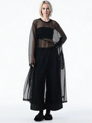 Sheer Drama Mesh Overlay Dress – Layered Elegance in Black, White & Pink-SimpleModerne