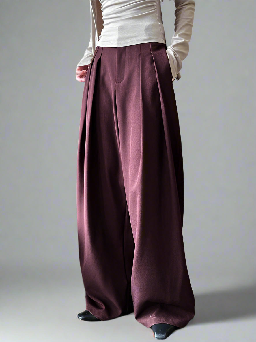 Sculpted Drape Wide-Leg Trousers – Gray or Wine Red-SimpleModerne