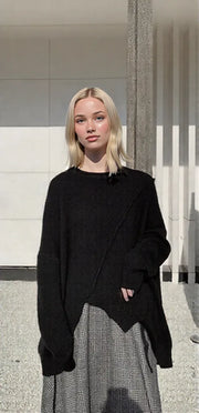 Oversized Black Knit Sweater – Asymmetrical Hem & Raglan Sleeves-SimpleModerne