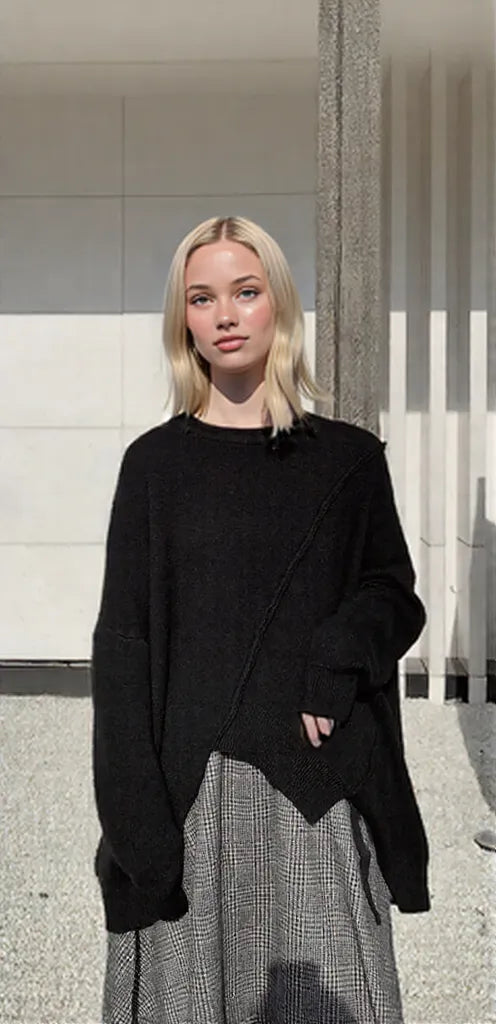 Oversized Black Knit Sweater – Asymmetrical Hem & Raglan Sleeves-SimpleModerne