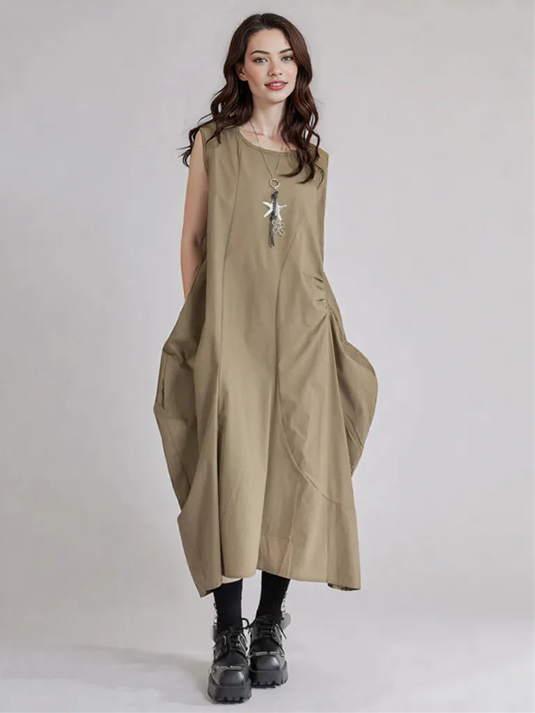 Sleeveless Khaki Cargo Maxi Dress with Pockets – Minimal Utility Style-SimpleModerne