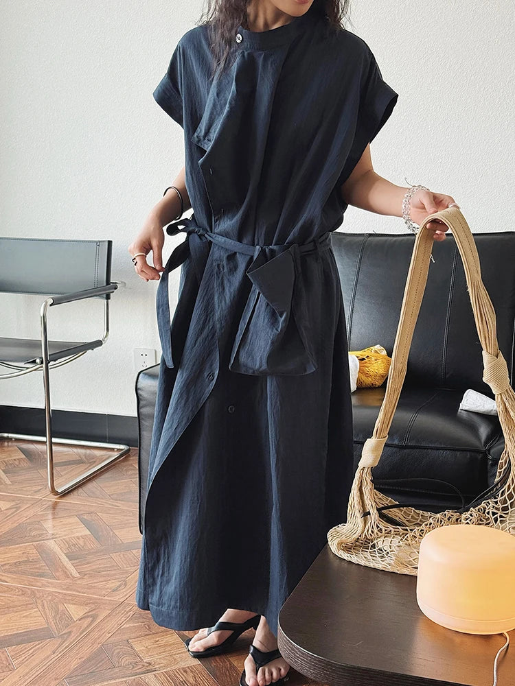 Asymmetrical Button-Up Maxi Dress with Detachable Belt Bag – Minimalist Black Layered Look-SimpleModerne