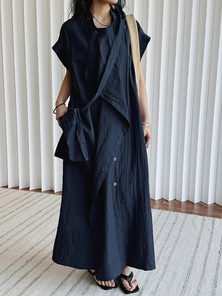 Asymmetrical Button-Up Maxi Dress with Detachable Belt Bag – Minimalist Black Layered Look-SimpleModerne