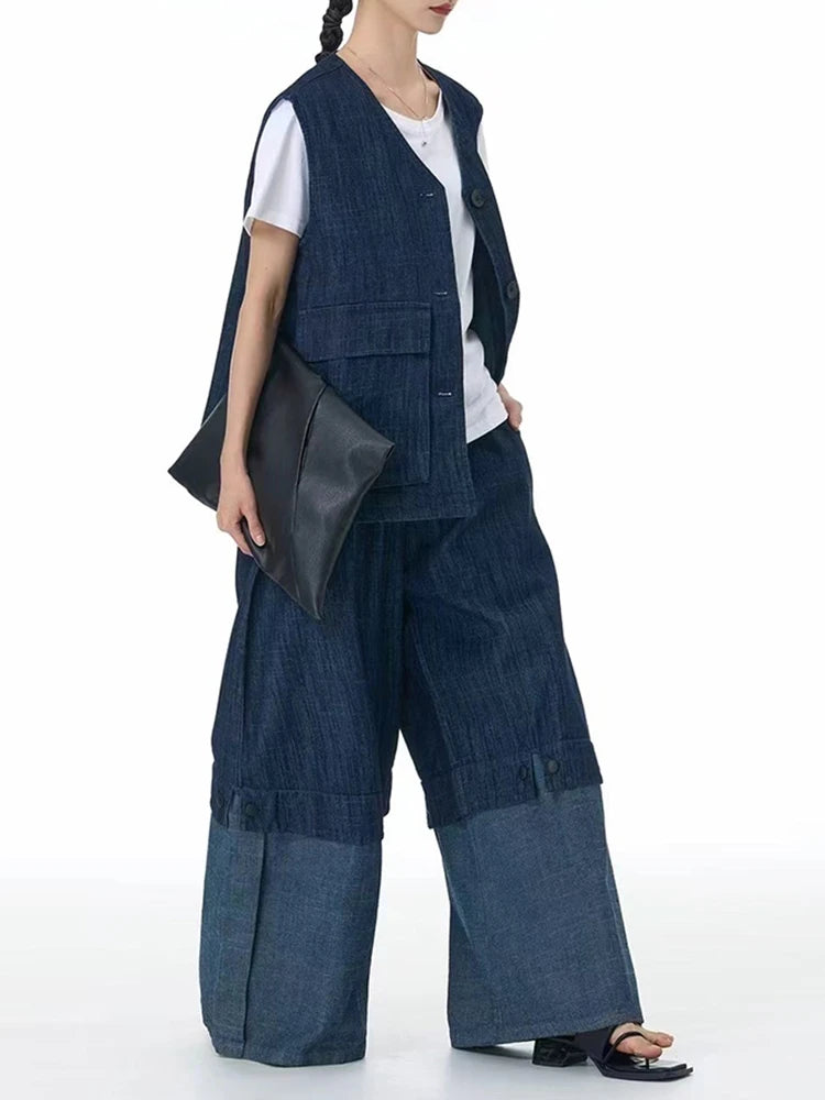 Color Block Wide-Leg Denim Trousers – Relaxed, Two-Tone Edge-SimpleModerne