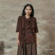 Draped Layered Split-Front Top – Relaxed Fit in Gray, Beige & Brown-SimpleModerne