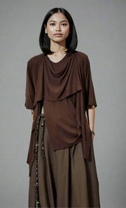 Draped Layered Split-Front Top – Relaxed Fit in Gray, Beige & Brown-SimpleModerne