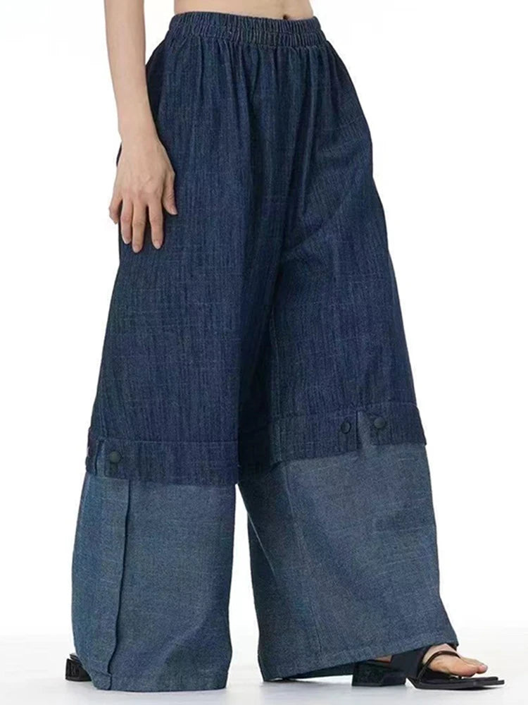 Color Block Wide-Leg Denim Trousers – Relaxed, Two-Tone Edge-SimpleModerne