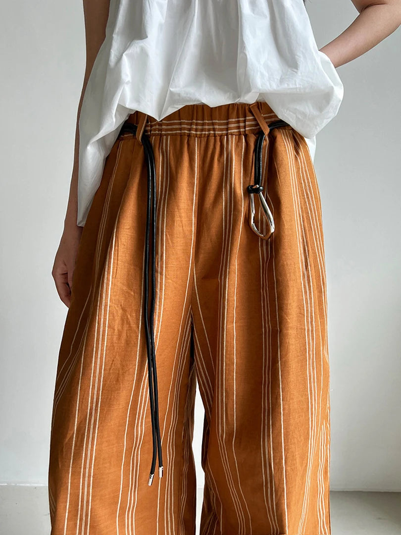 Striped Wide-Leg Belted Trousers – High Waist Relaxed Fit in Rust Brown-SimpleModerne