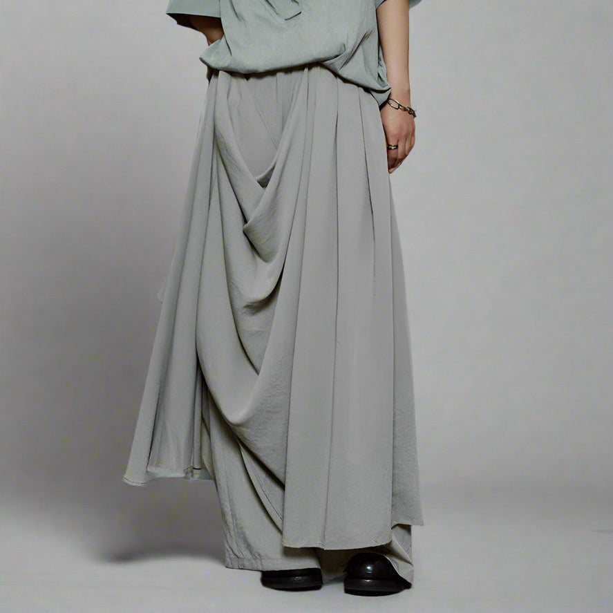 Draped Layered Wide-Leg Trousers – Soft Lightweight Fabric in Mist Grey & Black-SimpleModerne