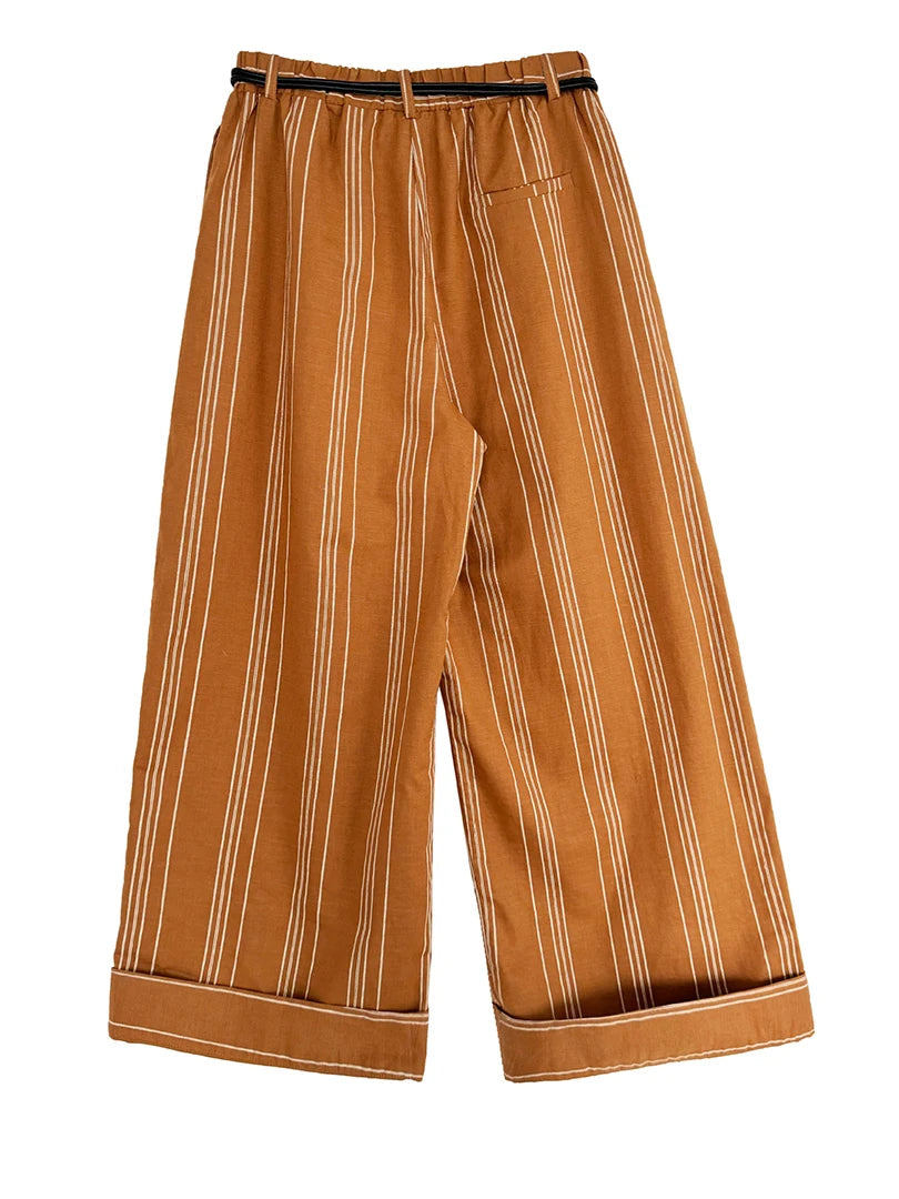 Striped Wide-Leg Belted Trousers – High Waist Relaxed Fit in Rust Brown-SimpleModerne
