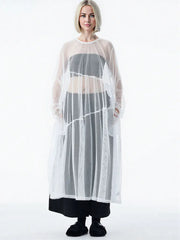 Sheer Drama Mesh Overlay Dress – Layered Elegance in Black, White & Pink-SimpleModerne