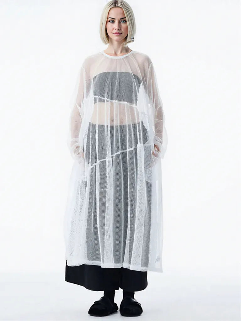 Sheer Drama Mesh Overlay Dress – Layered Elegance in Black, White & Pink-SimpleModerne