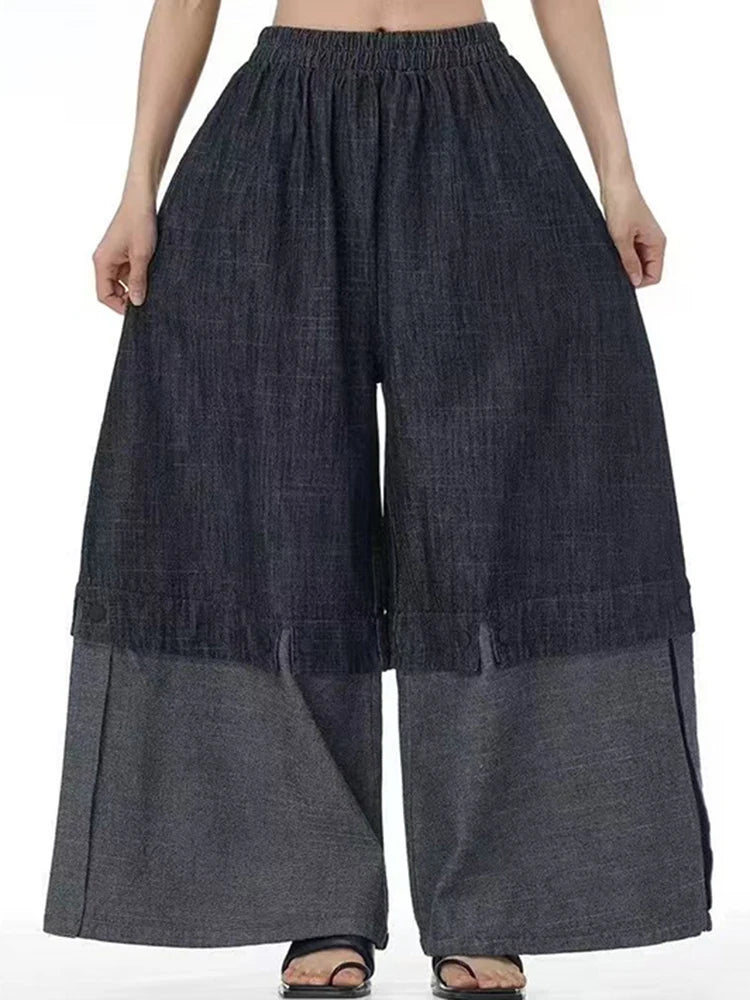 Color Block Wide-Leg Denim Trousers – Relaxed, Two-Tone Edge-SimpleModerne