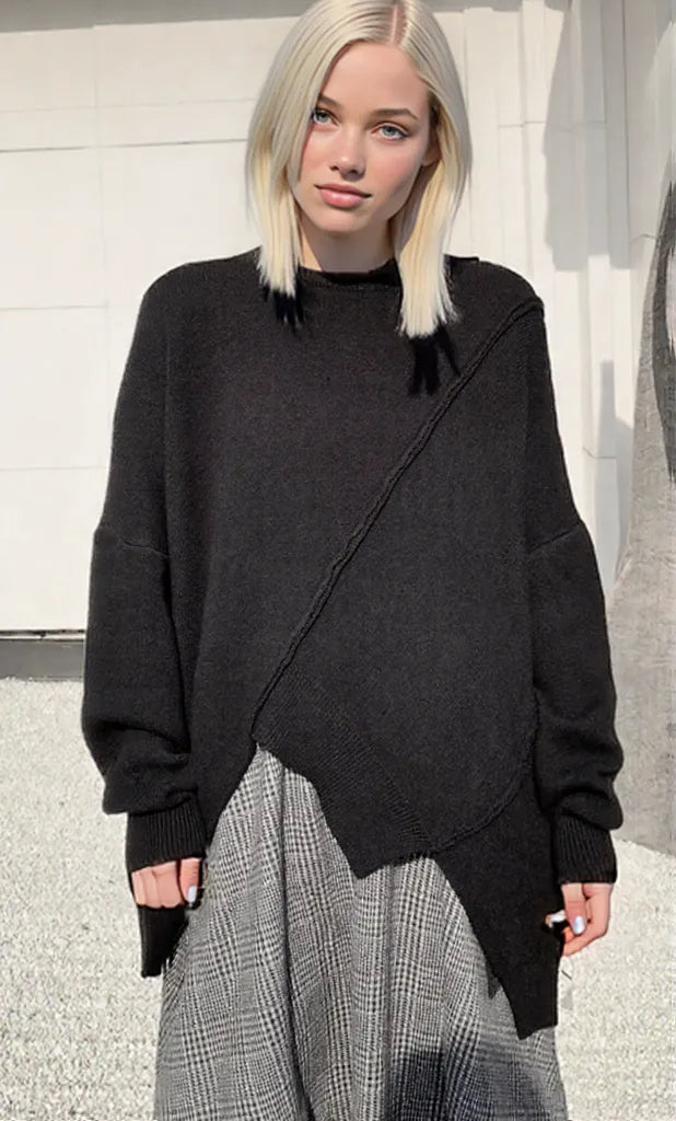 Oversized Black Knit Sweater – Asymmetrical Hem & Raglan Sleeves-SimpleModerne