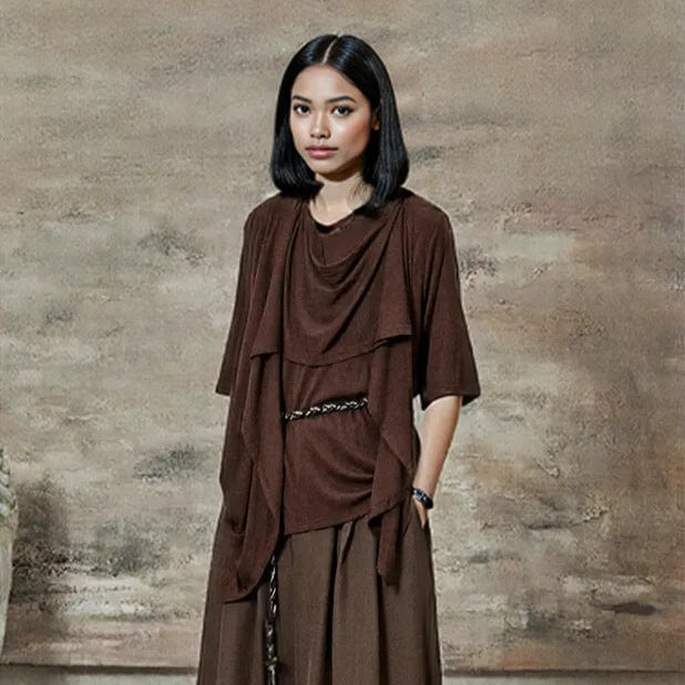 Draped Layered Split-Front Top – Relaxed Fit in Gray, Beige & Brown-SimpleModerne