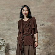 Draped Layered Split-Front Top – Relaxed Fit in Gray, Beige & Brown-SimpleModerne