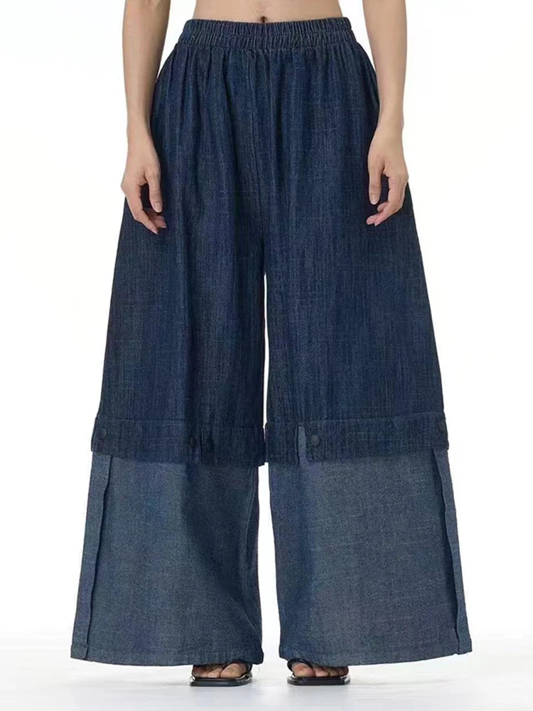 Color Block Wide-Leg Denim Trousers – Relaxed, Two-Tone Edge-SimpleModerne
