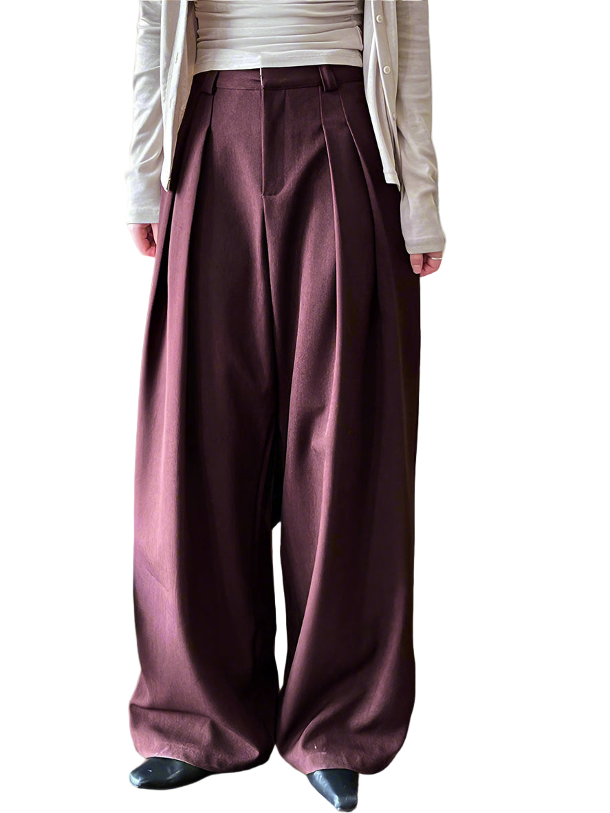 Sculpted Drape Wide-Leg Trousers – Gray or Wine Red-SimpleModerne