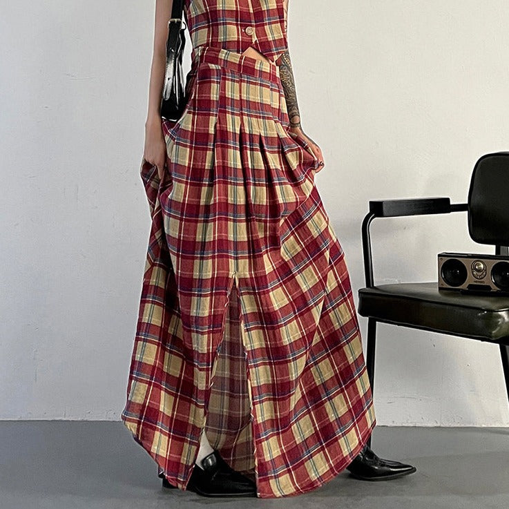 Casual Minimal Goth Red Tartan Skirt