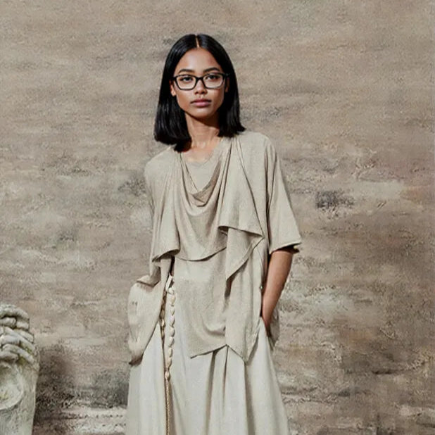 Draped Layered Split-Front Top – Relaxed Fit in Gray, Beige & Brown-SimpleModerne