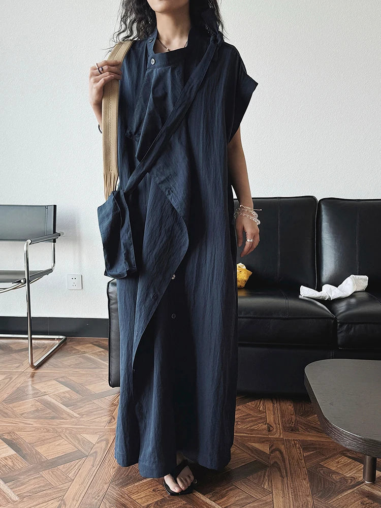 Asymmetrical Button-Up Maxi Dress with Detachable Belt Bag – Minimalist Black Layered Look-SimpleModerne