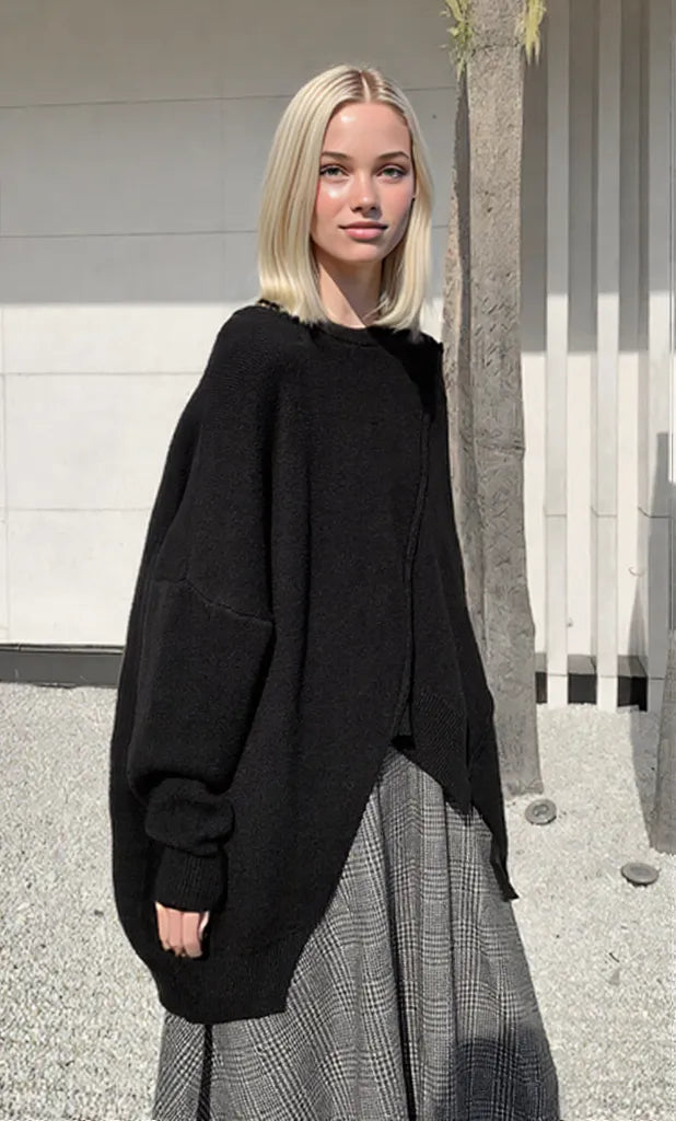 Oversized Black Knit Sweater – Asymmetrical Hem & Raglan Sleeves-SimpleModerne