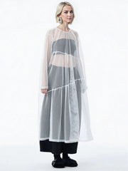 Sheer Drama Mesh Overlay Dress – Layered Elegance in Black, White & Pink-SimpleModerne