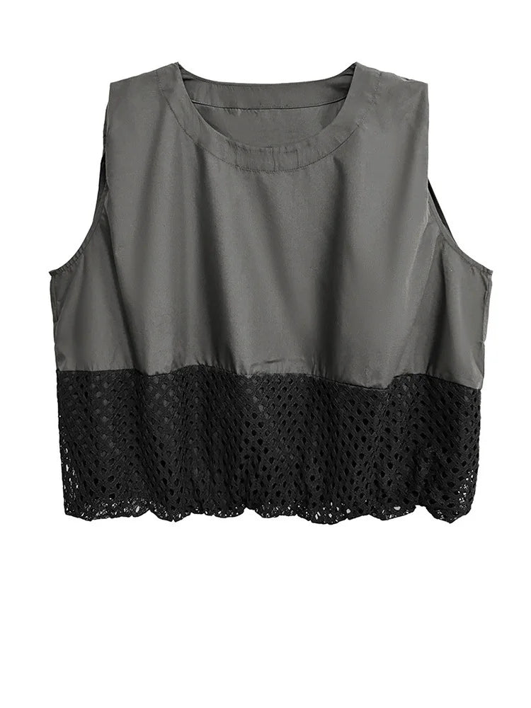 Layered Contrast Tank – Mesh Drama in Charcoal Gray-SimpleModerne