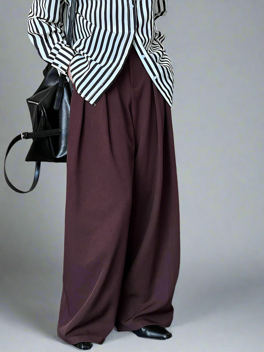 Sculpted Drape Wide-Leg Trousers – Gray or Wine Red-SimpleModerne