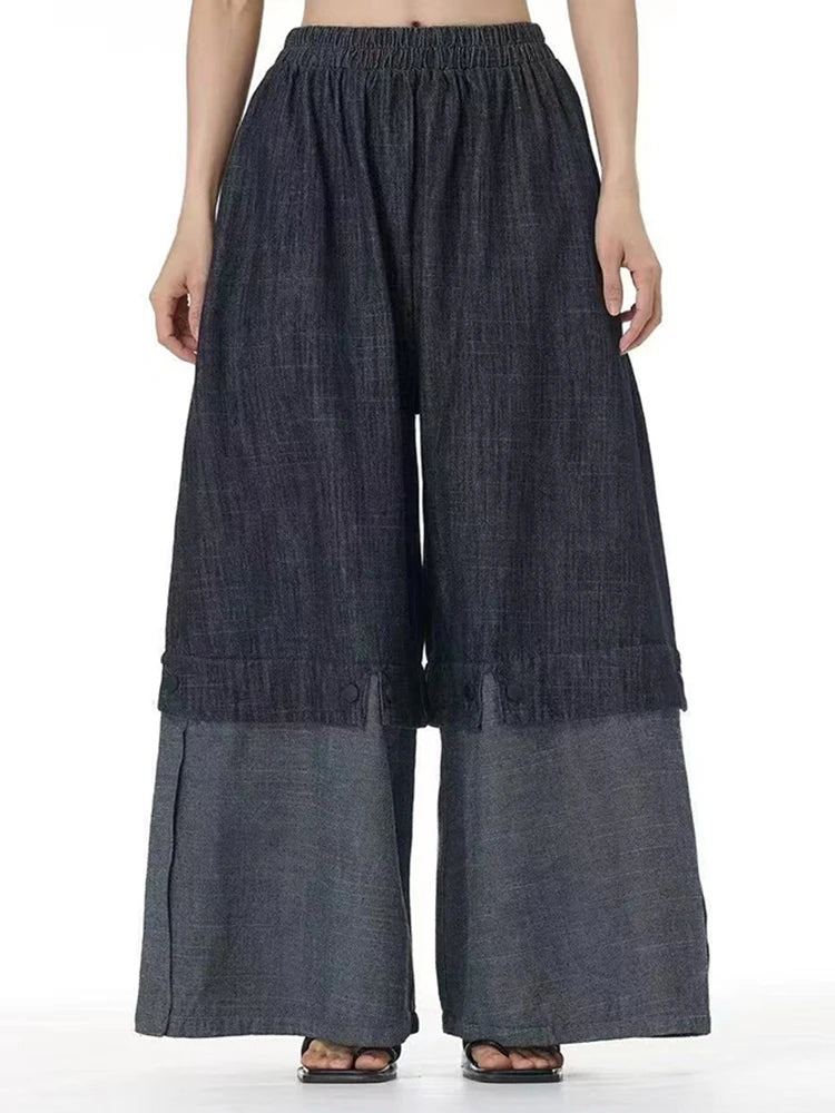 Color Block Wide-Leg Denim Trousers – Relaxed, Two-Tone Edge-SimpleModerne