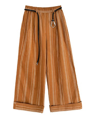 Striped Wide-Leg Belted Trousers – High Waist Relaxed Fit in Rust Brown-SimpleModerne