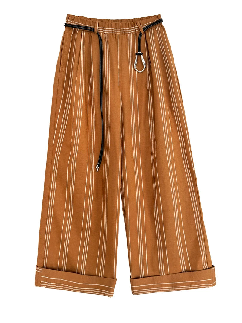 Striped Wide-Leg Belted Trousers – High Waist Relaxed Fit in Rust Brown-SimpleModerne