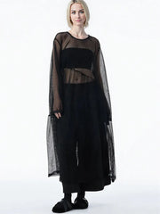 Sheer Drama Mesh Overlay Dress – Layered Elegance in Black, White & Pink-SimpleModerne