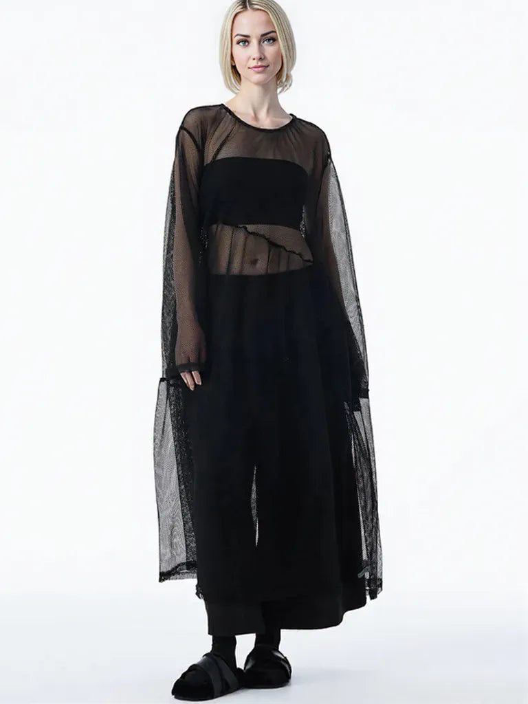 Sheer Drama Mesh Overlay Dress – Layered Elegance in Black, White & Pink-SimpleModerne