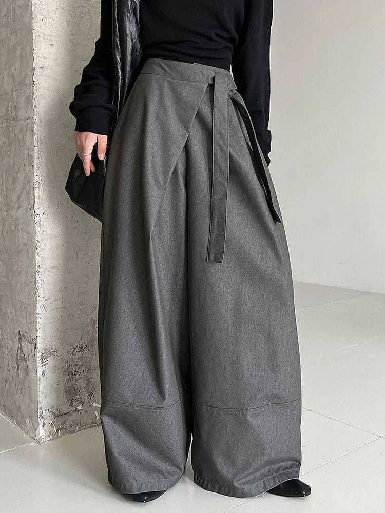 Architectural Wide-Leg Wrap Trousers – Modern Minimalist Design in Grey or Blue-SimpleModerne