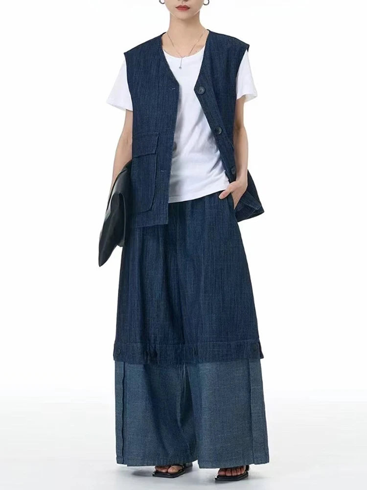 Color Block Wide-Leg Denim Trousers – Relaxed, Two-Tone Edge-SimpleModerne