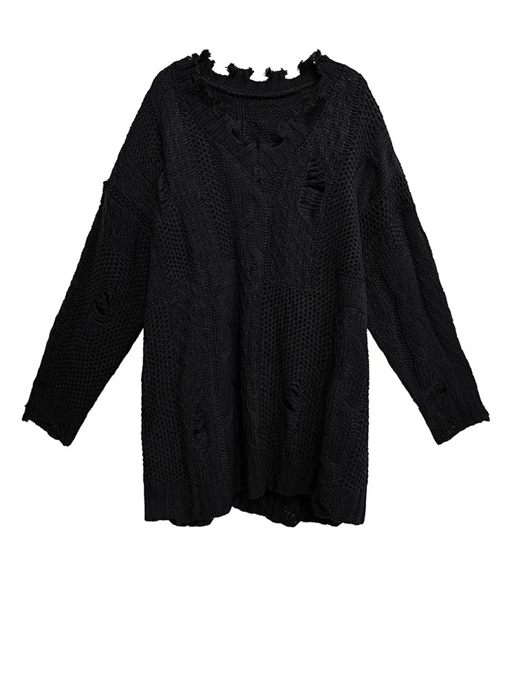 Distressed Knit Sweater — Black / Coffee Brown-SimpleModerne