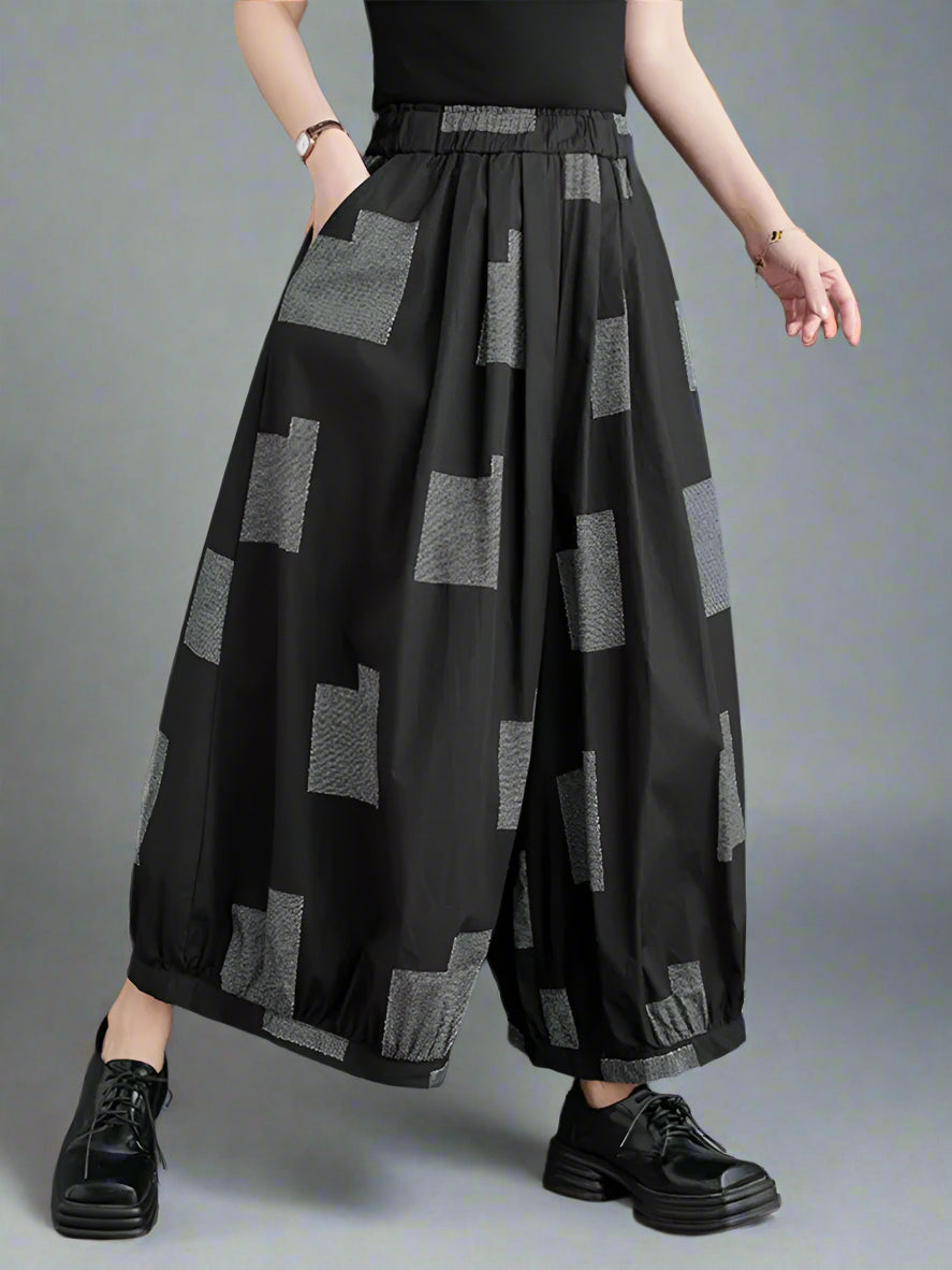 Punky Patchwork Wide-Leg Capri Pants – Cropped Statement Trousers-SimpleModerne