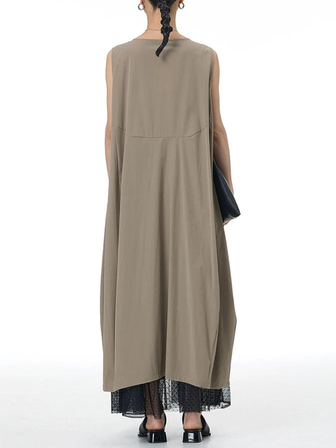 Layered Asymmetrical Sleeveless Maxi Dress – Khaki Cotton Blend | Casual Summer Style-SimpleModerne