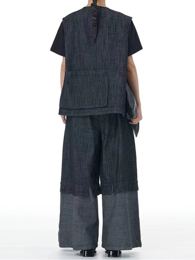 Color Block Wide-Leg Denim Trousers – Relaxed, Two-Tone Edge-SimpleModerne