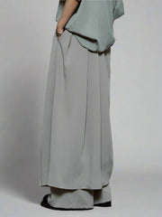 Draped Layered Wide-Leg Trousers – Soft Lightweight Fabric in Mist Grey & Black-SimpleModerne