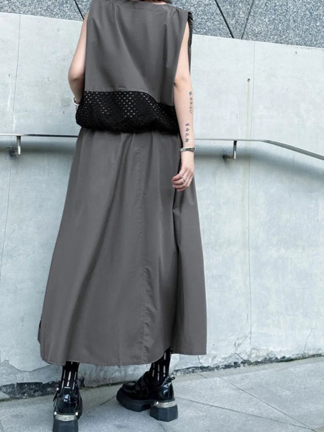 Layered Contrast Tank – Mesh Drama in Charcoal Gray-SimpleModerne