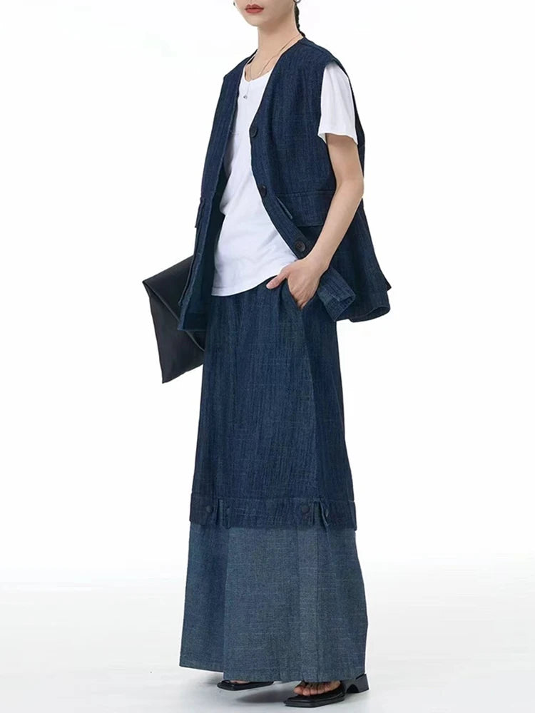 Color Block Wide-Leg Denim Trousers – Relaxed, Two-Tone Edge-SimpleModerne