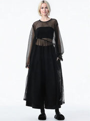 Sheer Drama Mesh Overlay Dress – Layered Elegance in Black, White & Pink-SimpleModerne